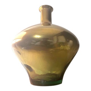 Oversized Spanish Olive Green Art Glass Demijohn Vase With Iridescent Gold Luster For Sale