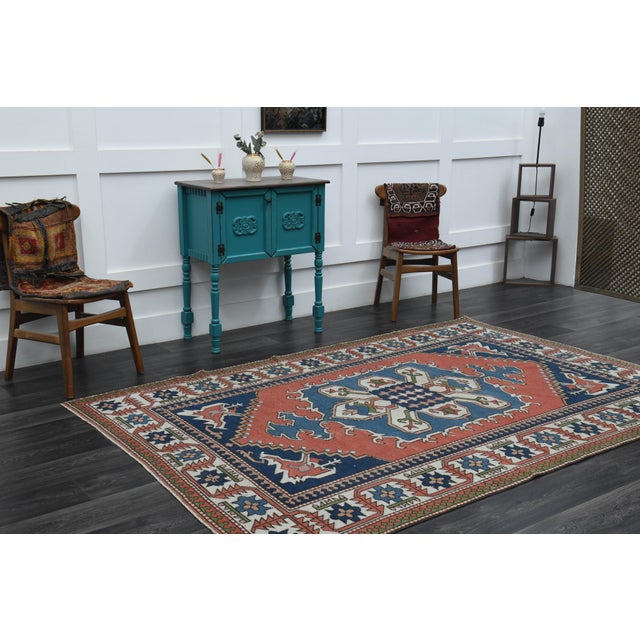 1970s Vintage Turkish Handmade Wool & Cotton Orange Area Rug For Sale - Image 4 of 11