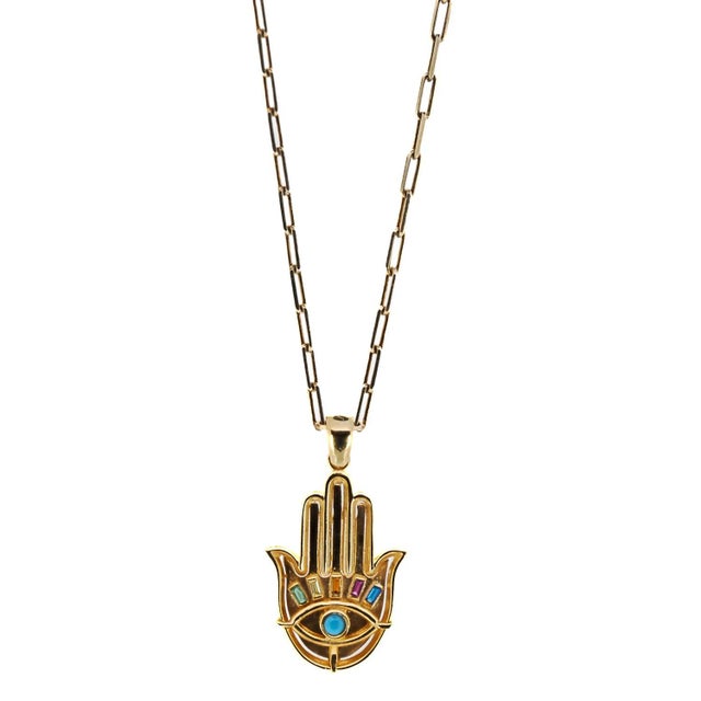 Gold & Gemstone Hamsa Pendant Good Luck Necklace For Sale In Miami - Image 6 of 6