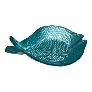 Vintage Turquoise Glass Fish Plate Mid Century Coastal Nautical Decor For Sale