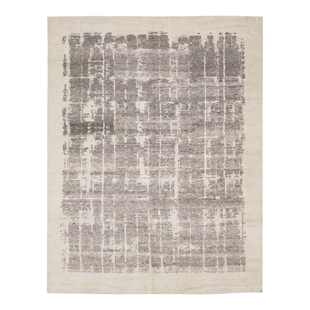 12 X 15 Contemporary Abstract Grid Wool Area Rug – Neutral Slate & Cream For Sale