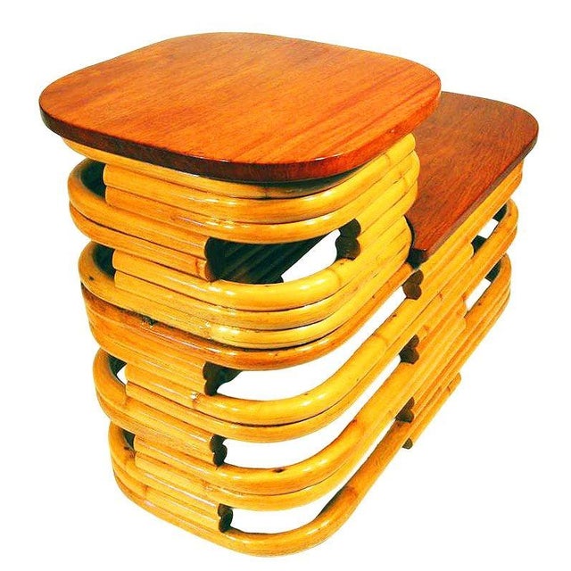 1940s Restored Stacked Rattan Two-Tier Side Table W/ Mahogany Top, 2 Available For Sale - Image 4 of 6