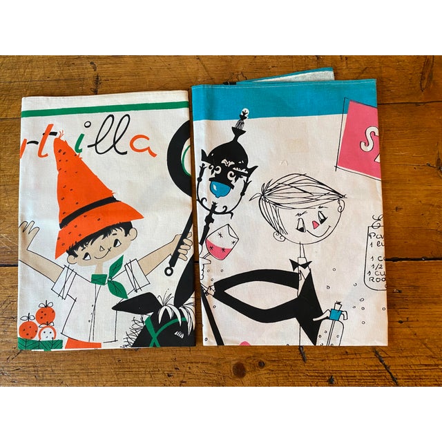 Set of 2 Colorful & Whimsical Vintage Spanish Recipe Kitchen Towels, Cotton. ~One has a Tortilla Recipe and depicts a...