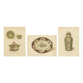 J. H. Thorpe, Worcester Porcelain Dish, Covered Vase and Tea Wares, 1910, Chromolithographs on Paper, Set of 3 For Sale