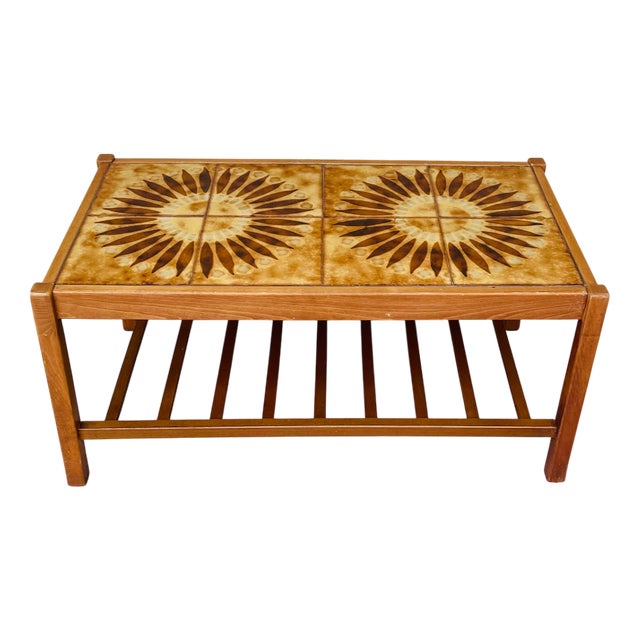 Vintage Teak and Ceramic Coffee Table with Sun Motif, 1960 For Sale