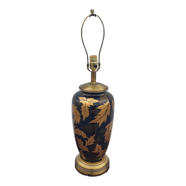 Vintage Table Lamp With Black and Embossed Gold Leaf Design For Sale