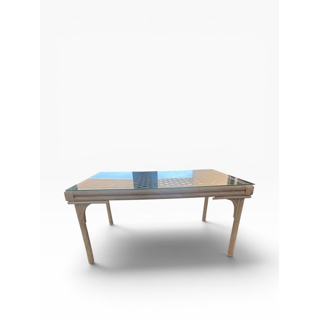 Hollywood Regency Vintage Coastal Regency Woven Rattan Dining Table With Glass Top For Sale - Image 3 of 6