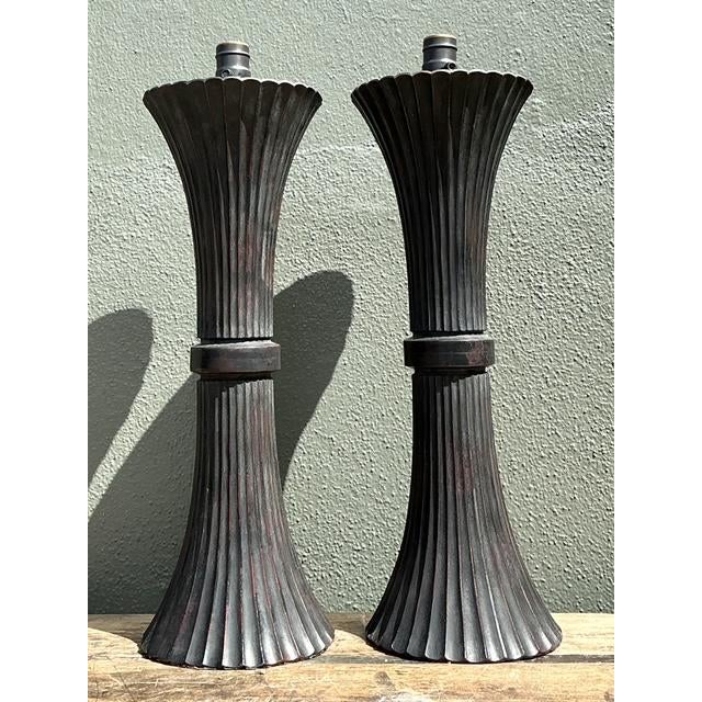 Mid-Century Modern Vintage Patinated Fluted Metal Lamps - A Pair For Sale - Image 3 of 12