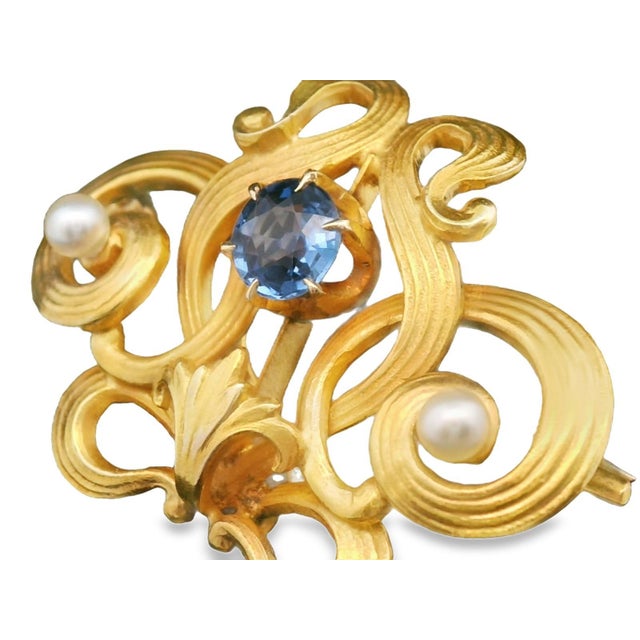 1900 - 1909 Early 20th Century Antique 14k Yellow Gold Seed Pearl & Sapphire Brooch/Watch Fob For Sale - Image 5 of 9