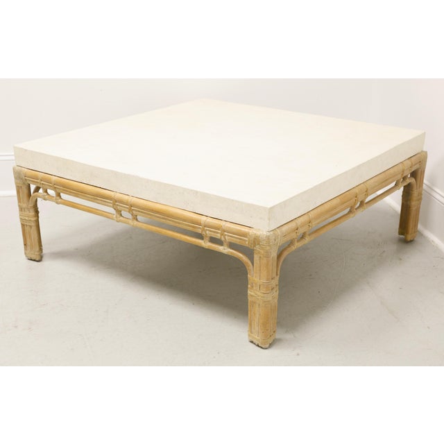 Coastal Late 20th Century Whitewashed Oak & Rattan Faux Marble Top Coastal Square Coffee Table For Sale - Image 3 of 7