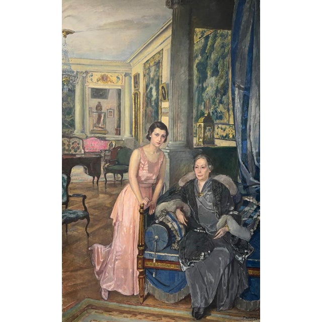 Huge Painting, Salon with Mother and Daughter, Luigi Paolillo, 1933 For Sale - Image 3 of 11