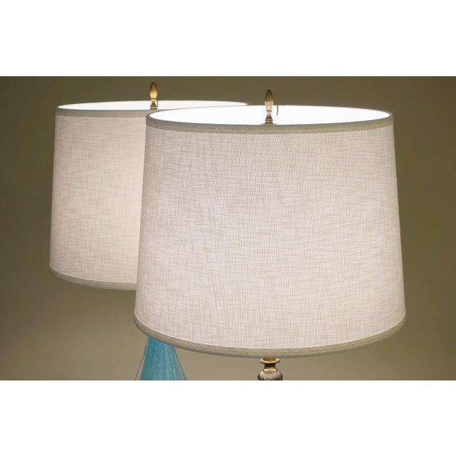 1960s Large Barovier Toso Murano Italy Thick Aqua Swirl Art Glass Ornate Brass Table Lamps - a Pair For Sale - Image 9 of 11