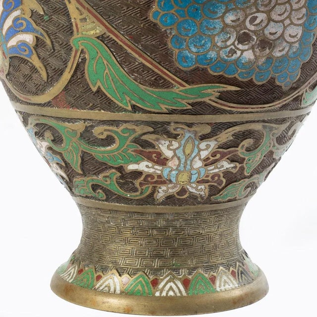 Vintage Japanese Bronze Champleve Vase With Ornate Handles For Sale - Image 9 of 11