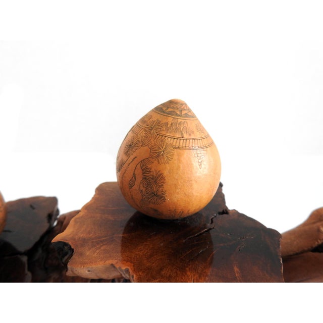 Mid-Century Organic Burl Wood Pedestal Stand & Fine Etched Pyrography Gourds - Set of 3 For Sale In San Francisco - Image 6 of 18