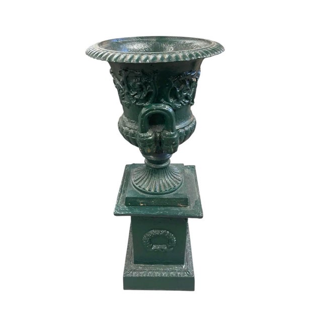 2000 - 2009 Vintage Neoclassical Cast Iron Garden Urn on Wreath Pedestal - Hunter Green For Sale - Image 5 of 12
