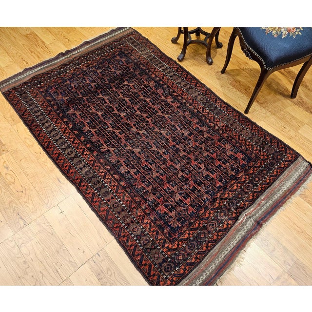 Textile Vintage Baluch Tribal Area Rug in Allover Geometric Pattern in Navy Blue, Brown, Dark Red For Sale - Image 7 of 18