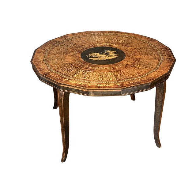 Wood Vintage Italian Sorrento Marquetry Table With Helios Chariot Scene – Hand-Inlaid Neoclassical Olive Wood & Burl Walnut Side Table For Sale - Image 7 of 9