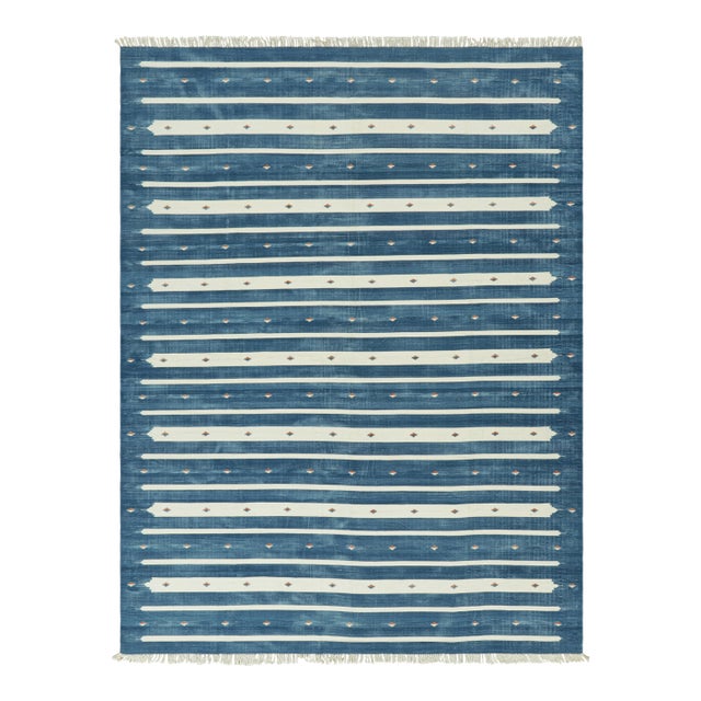 Rug & Kilim's Contemporary Dhurrie Rug in Blue with White Stripes - 10x14 For Sale