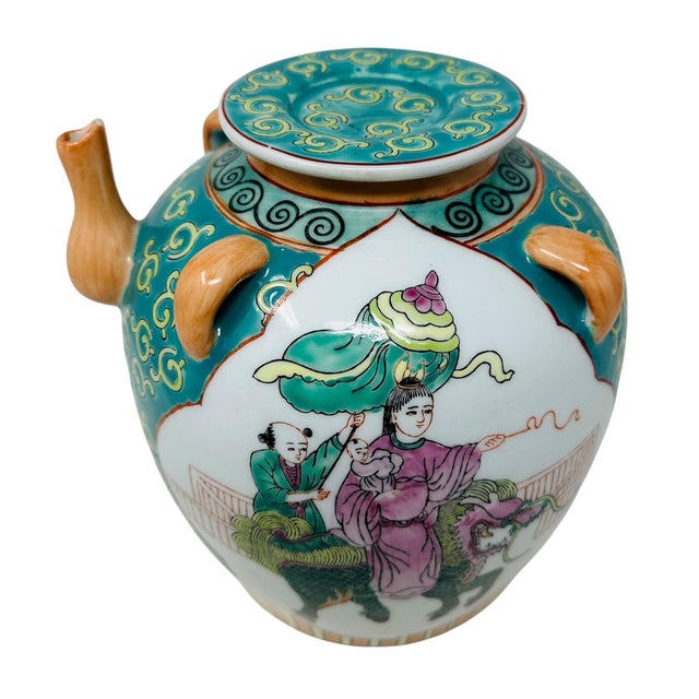 Chinoiserie Vintage Chinese Famille Rose Ewer | Decorative Porcelain Wine Pot | Mid-Century Chinoiserie Decor | Hand-Painted Qilin Mythical Figure Pitcher For Sale - Image 3 of 15