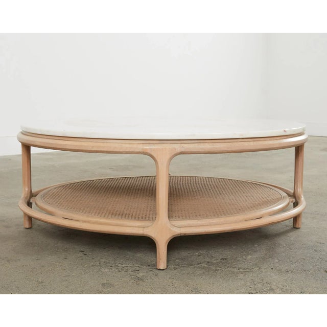Midcentury McGuire Style Round Marble Top Caned Cocktail Table For Sale - Image 9 of 12