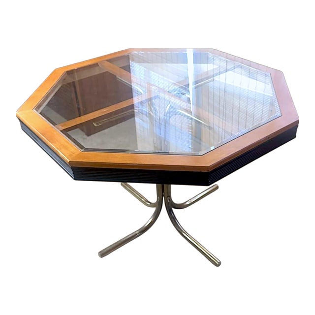 1980s Mid-Century Modernist Octagonal Glass & Wood Game / Dining Table With Brass Base For Sale