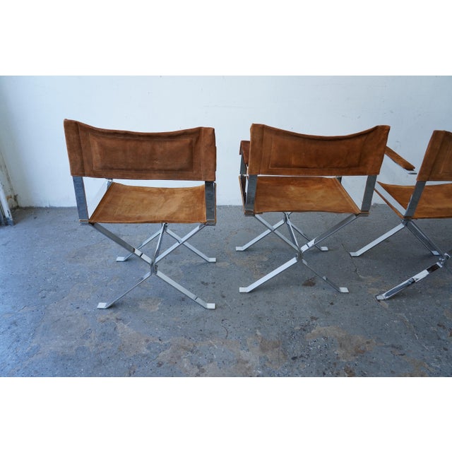 1970s Set of 4 Alessandro Albrizzi Chrome & Cognac Suede Director Chairs For Sale - Image 11 of 17
