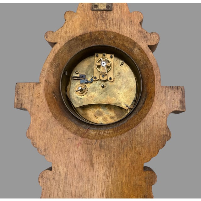 Antique Victorian Oak Wal Hanging Carved Barometer Thermometer Clock For Sale - Image 4 of 12