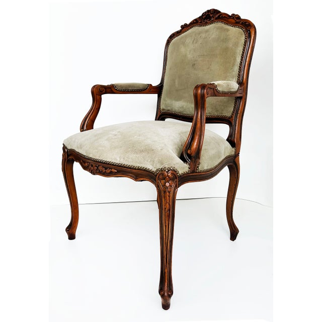 Late 20th Century Italian Chateau d'Ax Carved Armchairs in Suede With Brass NailHeads, Pair For Sale - Image 9 of 16
