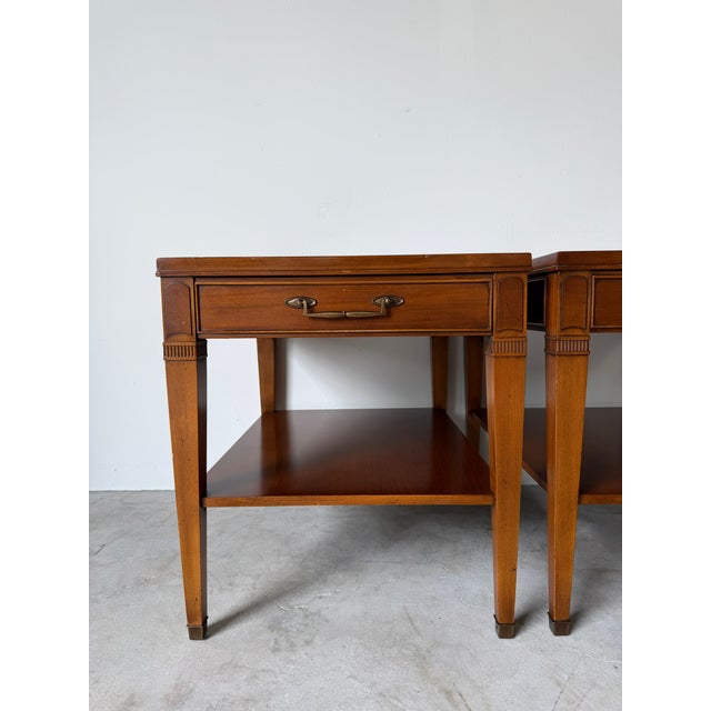 Neoclassical Vintage Hekman Neoclassical Style Wood End Tables With Drawers – A Pair For Sale - Image 3 of 17