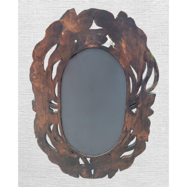 Folk Art Carved Wood Tropical Folk Art Calalily Green Leaf Oval Wall Mirror For Sale - Image 3 of 8