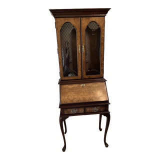 Jasper Burled Walnut Italian Provincial Secretary Desk With Glass Lighted Bookcase For Sale