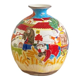 Vintage Giovanni DeSimone Vase - Farm and Harvest Scenes, Signed (Rare Large Size 11¾” X 10”) For Sale