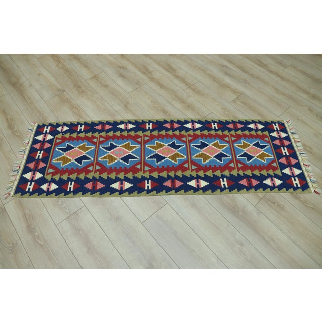 Mid-Century Modern 1970s Scandinavian Blue Cappadocia Kilim Runner Rug For Sale - Image 3 of 13