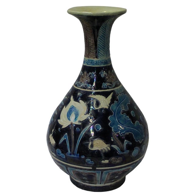 Handmade Ceramic Navy Blue White Dimensional Flower Motif Vase