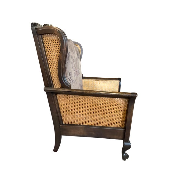 Victorian Traditional Queen Anne Style Dark Wood Caned Lounge Chair With Floral Velvet Cushions For Sale - Image 3 of 10