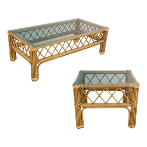 Art Deco "President" Stick Reed Rattan Coffee & Side Table Set