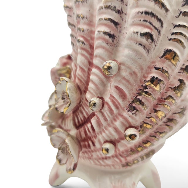 Pink Vintage Pink Ceramic Cornucopia Vase W/ Applied Bird & Flowers For Sale - Image 8 of 9