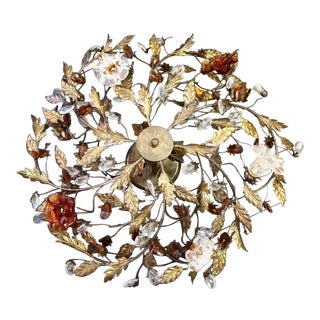 Vintage Hand Painted Large Brown and Clear Jeweled Toile Floral Leaf Flush Mount Chandelier Fixture For Sale