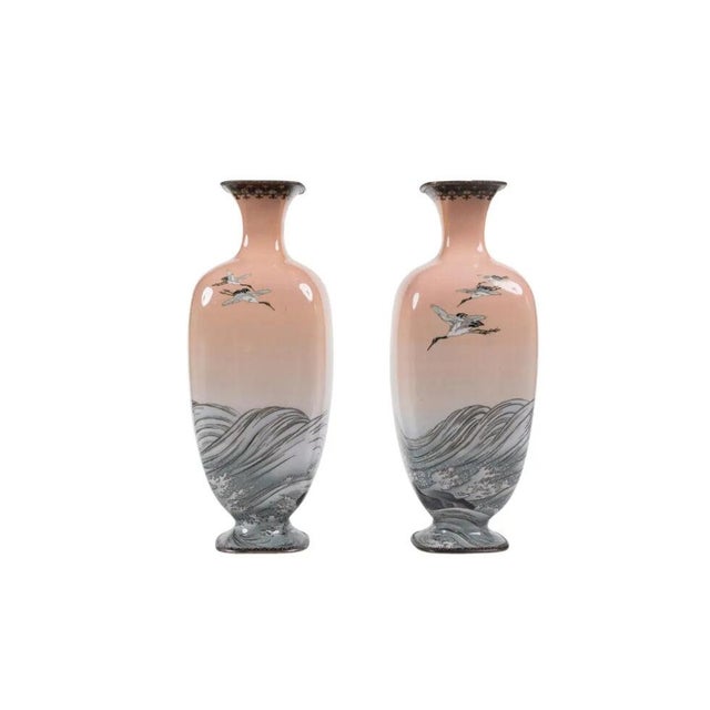Japanese A Large Pair of Japanese Cloisonne Pink-Ground Vases Featuring Sunset and Cranes For Sale - Image 3 of 15
