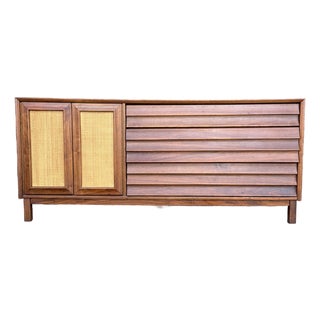 American of Martinsville Wonderwood Walnut & Cane Credenza / Sideboard Dresser For Sale
