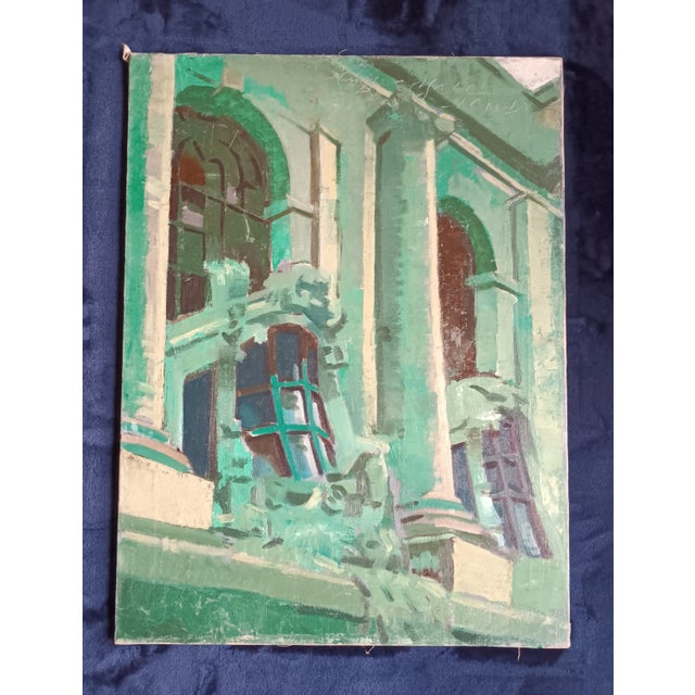 Mint “Nocturne of the New York Yacht Club” Vintage Architectural Cityscape Original Oil Painting by David Beynon Pena For Sale - Image 8 of 9