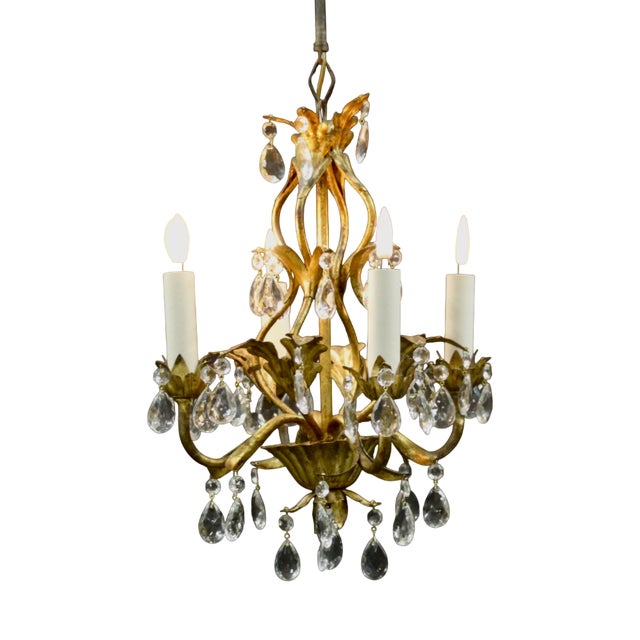 Vintage French Goldleave Chandelier in Wrought Iron, 1950s For Sale