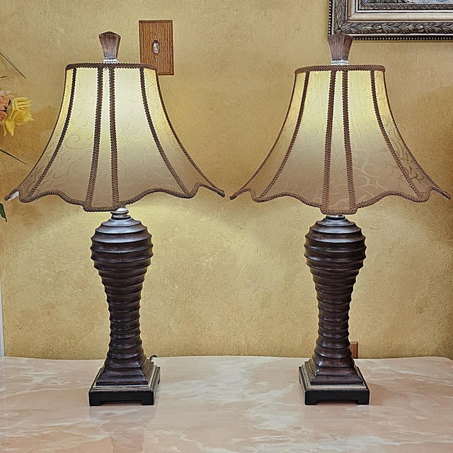 Vintage Uttermost Carved Wood-Finish Urn Table Lamps With Damask Shades – Pair For Sale - Image 11 of 18