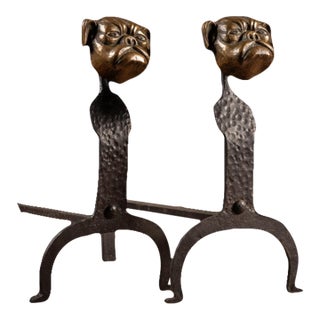 Early 20th Century Arts & Crafts Forged-Iron Bulldog Andirons — A Pair For Sale