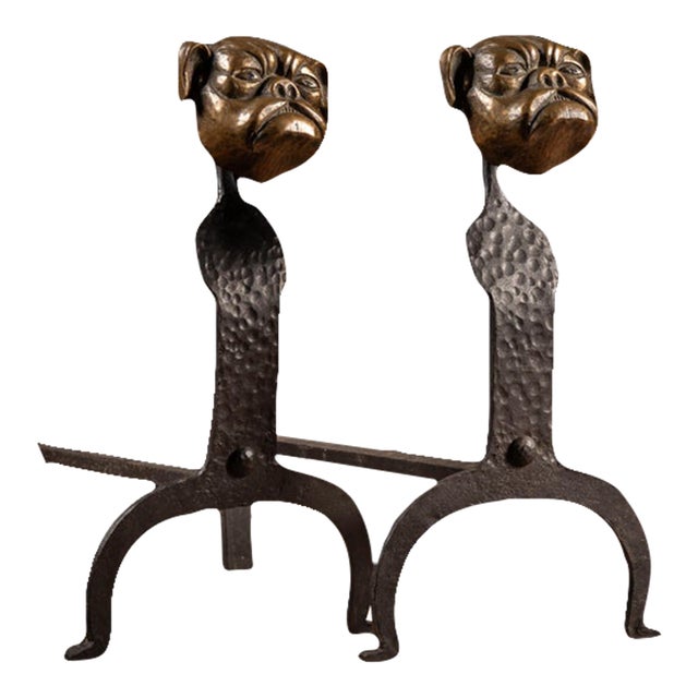 Early 20th Century Arts & Crafts Forged-Iron Bulldog Andirons — A Pair For Sale