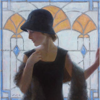 Her Day Out VII by Tony Pro | Oil Painting of a woman in a hat by a stained glass window For Sale