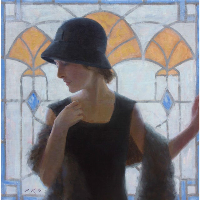 Her Day Out VII by Tony Pro | Oil Painting of a woman in a hat by a stained glass window For Sale