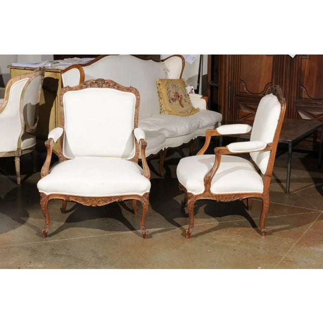 Italian 19th Century Rococo Style Carved Walnut Upholstered Armchairs - A Pair For Sale - Image 11 of 12
