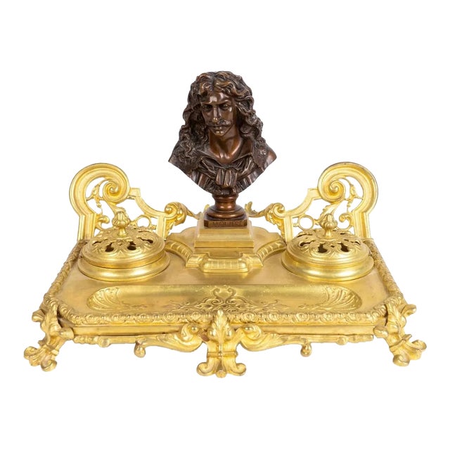 19th Century French Gilt Bronze Encrier Desk Stand Double Inkwell, Signed Jf For Sale
