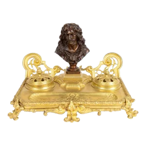 19th Century French Gilt Bronze Encrier Desk Stand Double Inkwell, Signed Jf